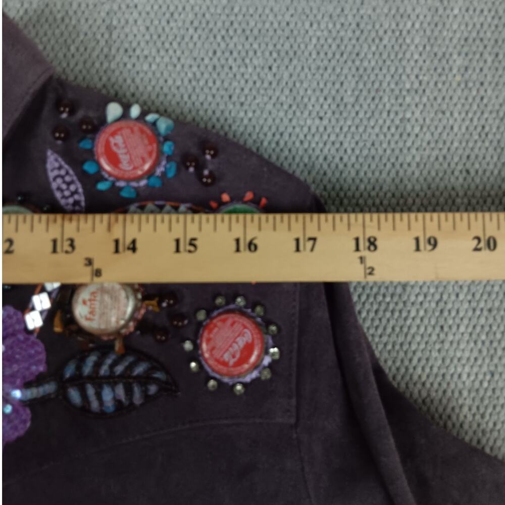 Double D Ranch Vintage Leather Shirt Jacket Women L Purple Bottle Cap Pearl Snap - Picture 12 of 15